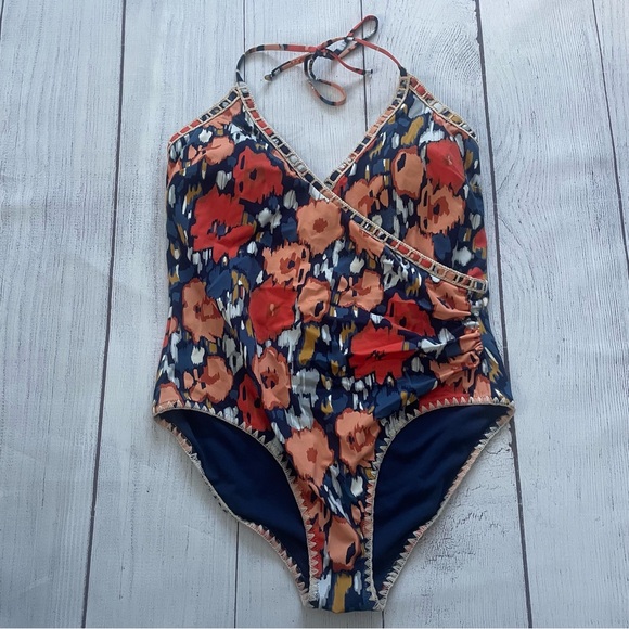 Boden Other - Boden Crochet Trim Wrap One Piece Halter Style Swimsuit Size 14